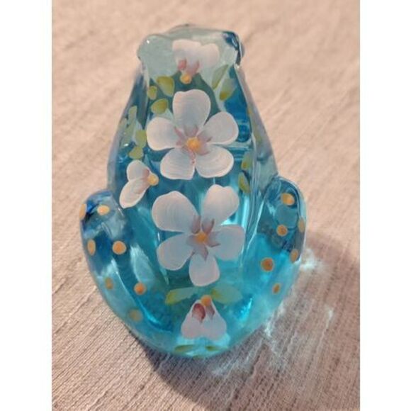VINTAGE FENTON FROG BLUE GLASS HAND PAINTED FLOWERS Artist Signed D. Wright - Picture 5 of 10